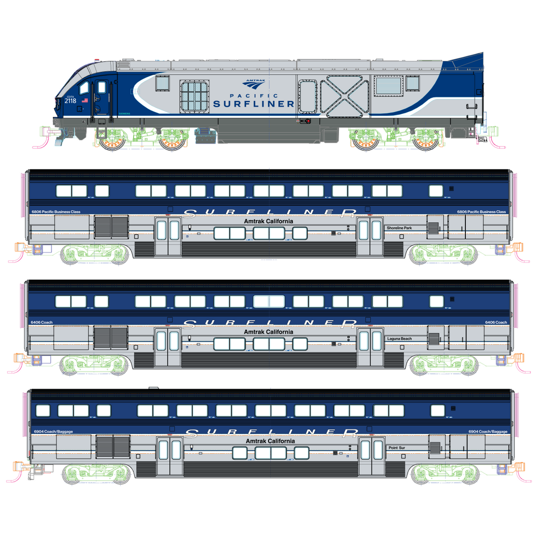 N-Kato 106-9001 Amtrak SC-44 & Pacific Surfliner 4 Unit Engine (DC) & Car Set N11686