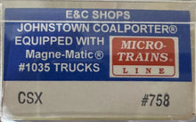 Load image into Gallery viewer, N Scale - E &amp; C Shops 759 CSX Coalporter Hopper CSXT379702 N10899

