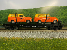 Load image into Gallery viewer, O Scale - RailKing 30-7681 MTH Transport Flatcar w/ ERTL &#39;51 Panel Vans O3918
